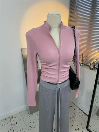 气质小立领~纯欲休闲两侧褶皱螺纹棉修身短开衫春新款T恤短外套女商品大图