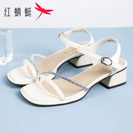 红蜻蜓夏季时尚女鞋舒适简约清凉休闲粗跟真皮水钻一字带高跟凉鞋图片