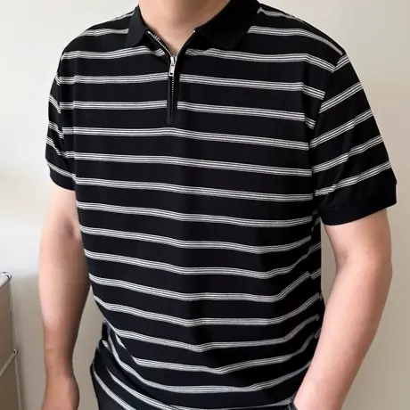 DAEVU夏季大码男装条纹半拉链胖人加肥加大男士短袖翻领t恤polo衫商品大图
