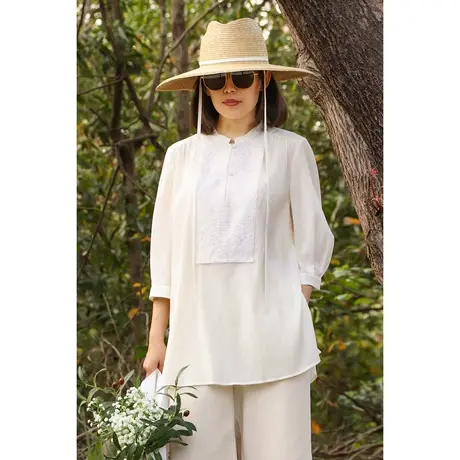 蒲牌新中式绣花衬衫女2022夏季新款宽松休闲纯棉立领设计感上衣图片