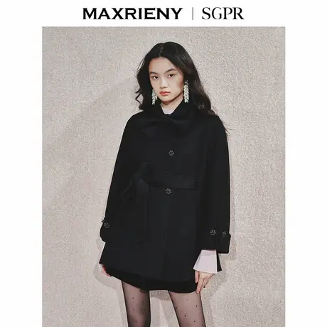 【商场同款】MAXRIENY纯色羊毛外套24秋围脖蝴蝶结领收腰系带设计图片