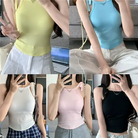 别致蝴蝶结白色吊带背心女夏季内搭外穿纯欲甜辣修身系带无袖上衣图片