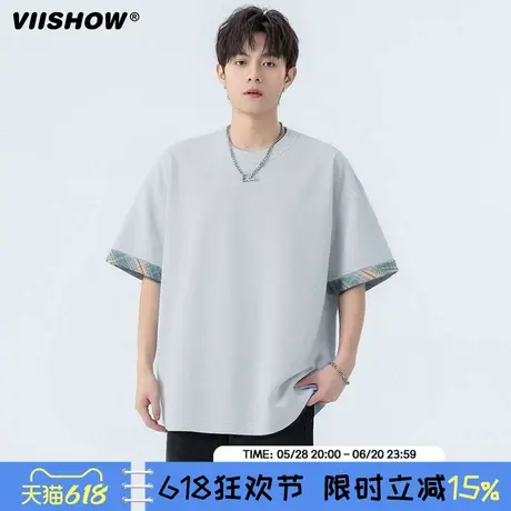 VIISHOW圆领拼接短袖T恤男款2025年夏季薄款冰感重磅宽松半袖上衣商品大图