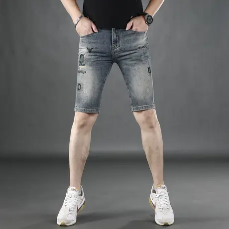 高端潮牌牛仔裤短裤男款刺绣夏季薄款修身轻奢2025新款男士五分裤商品大图