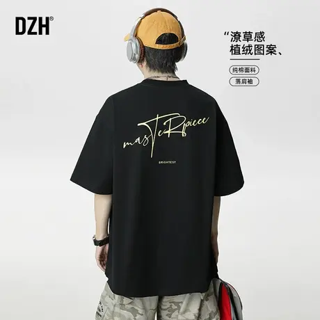 男士植绒字母T恤男短袖夏季潮牌2025新款半袖上衣圆领男款体恤衫商品大图