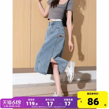 唐狮2025年春季新款女半身裙设计感侧边开叉中长款高腰百搭牛仔裙图片