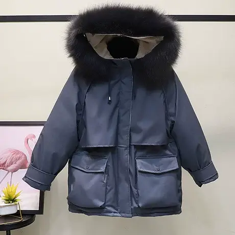 羽绒棉服女中长款2023冬季新款魔术贴小个子派克大毛领加厚外套潮商品大图