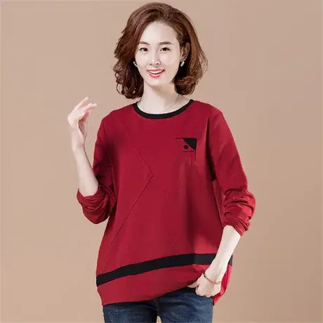 春秋季加肥加大码女装全棉女T恤宽松显瘦长袖中年妈妈装圆领体恤商品大图