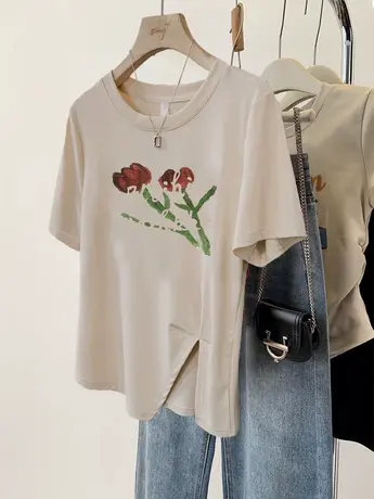 慵懒风显瘦不规则T恤女夏ins潮下摆开叉辣妹穿搭上衣2023新款短袖图片