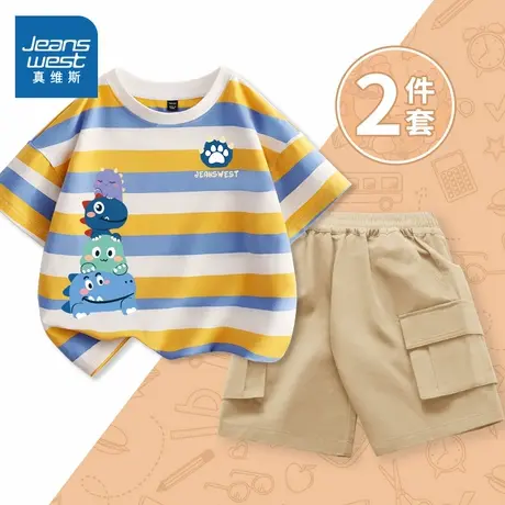 真维斯童装男童夏季套装2025新款大童条纹短袖儿童夏装薄款工装裤图片
