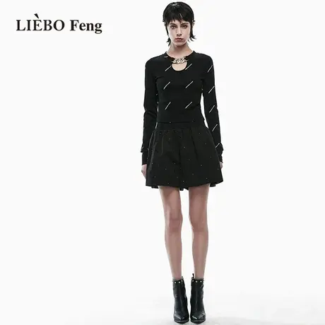 裂帛LIEBOFeng设计师品牌2023春夏新款ABG链条黑色长袖T恤女图片