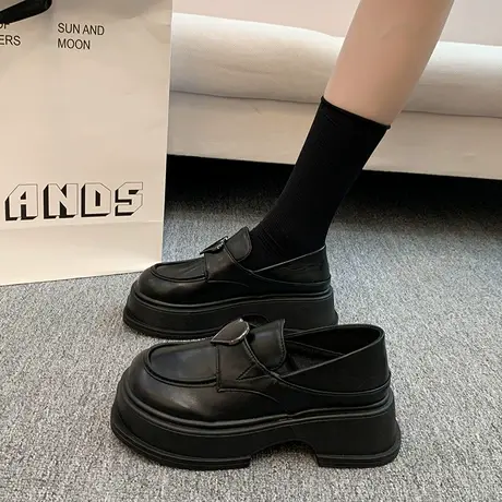 英伦风乐福鞋女厚底2023新款秋季职业复古单鞋高跟粗跟高级小皮鞋商品大图