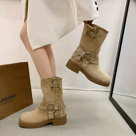 靴子女2023年新款春秋季复古小众设计感西部牛仔靴粗跟法式中筒靴商品大图