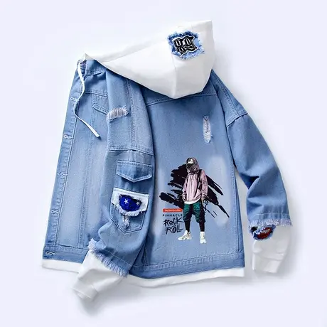 初中高中学生牛仔夹克男孩青少年韩版潮流连帽外套休闲帅气春秋装商品大图