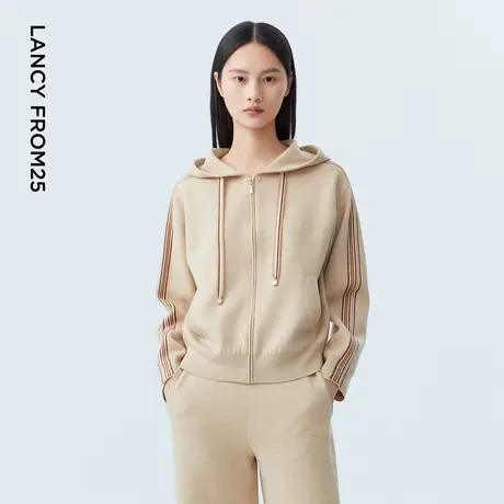 LANCY/朗姿2023秋季新款抽绳连帽撞色条纹针织外套女休闲运动上衣商品大图