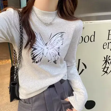 甜辣妹T恤长袖女秋装韩版修身显瘦洋气减龄内搭半高领打底衫上衣图片