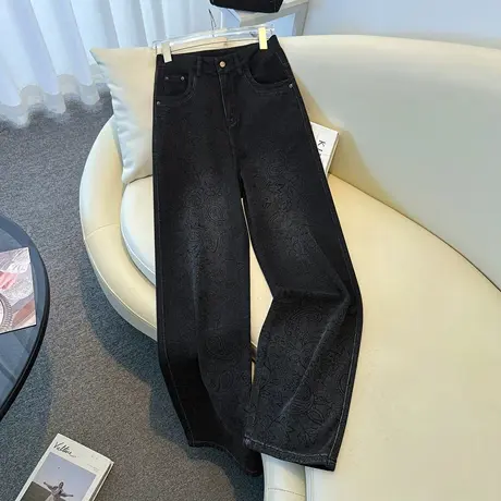 拉夏贝尔高端黑色牛仔裤女秋季2025新款潮流印花直筒裤复古阔腿裤商品大图