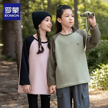 罗蒙童装儿童T恤卫衣2025春秋新款男童女童圆领打底衫华夫格上衣图片