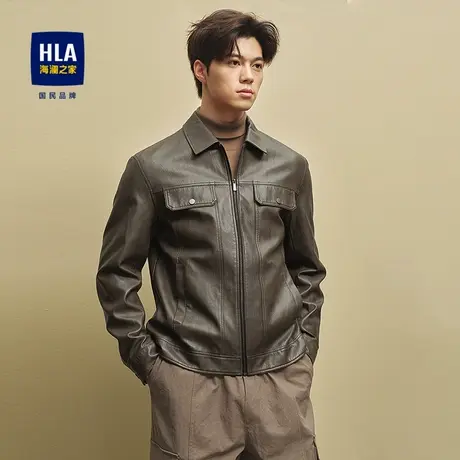 HLA/海澜之家PU皮夹克25秋新纯色商务通勤防风保暖翻领柔软外套男图片