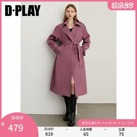 DPLAY2025年秋季新款紫色风衣外套女独特洋气复古长款翻领大衣商品大图