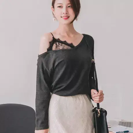 桔熊秋冬季温暖假两件套露肩蕾丝拼接包芯纱针织衫女装大码FA2114图片