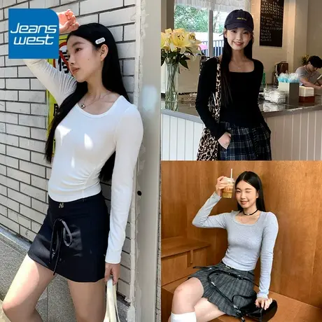 KV真维斯白色方领长袖t恤女2025新款秋季小个子修身内搭显瘦上衣商品大图