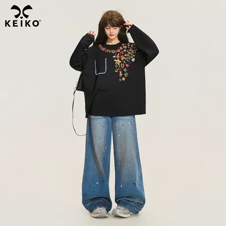 KEIKO手绘涂鸦印花长袖T恤女25早秋美式oversize宽松黑色打底上衣商品大图