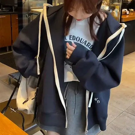 韩系休闲连帽拉链卫衣女2025秋季新款慵懒风宽松百搭显瘦开衫外套商品大图