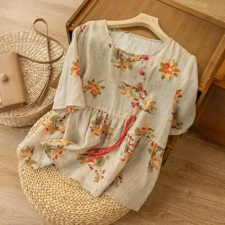 短袖宽松碎花苎麻上衣文艺复古印花棉麻衬衫休闲百搭2022春夏新款图片