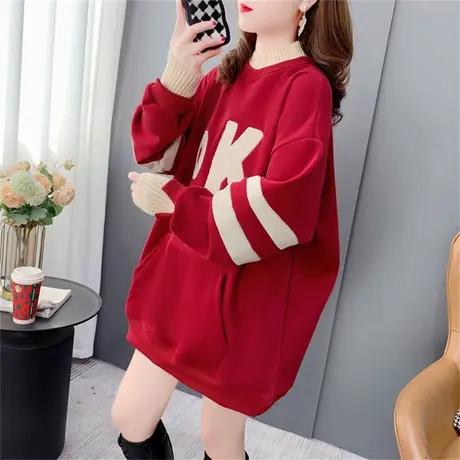 中长款加绒加厚立领卫衣女2022年新款秋冬宽松休闲百搭假两件外套商品大图