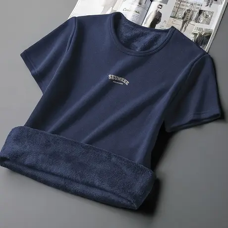 短袖t恤男士加绒加厚半袖印花上衣服潮流秋冬保暖圆领打底衫体恤商品大图