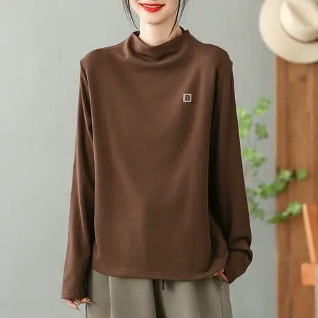 dza复古纯棉高领内搭T恤女秋冬洋气漂亮打底衫宽松休闲长袖短上衣商品大图