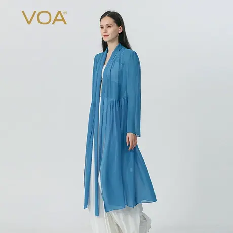 VOA克莱因蓝100%纯桑蚕丝泡泡长袖碎褶裙式下摆真丝防晒空调开衫商品大图