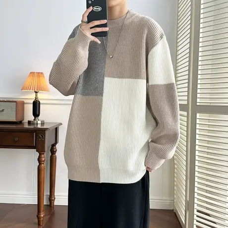 撞色毛衣男士秋冬款软糯圆领针织打底衫男潮牌个性保暖内搭毛线衣商品大图