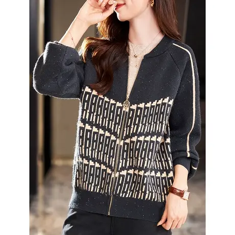 宝诗黎圆领亮片提花针织短外套2023秋季新款时尚拉链开衫休闲上衣商品大图