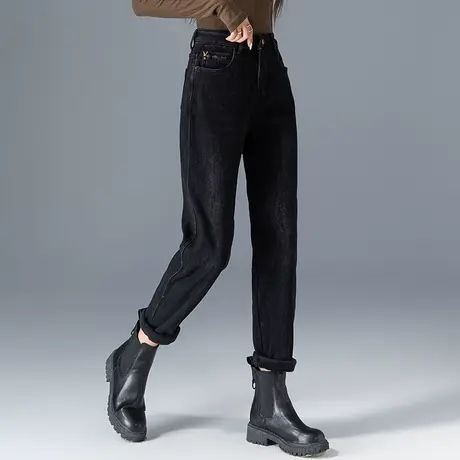 黑色裤子加绒牛仔裤女冬季2023新款秋冬女裤显瘦小个子九分哈伦裤商品大图