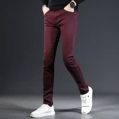 酒红男士牛仔裤男款修身小脚弹力秋冬款爆款2023新款高端休闲裤子图片