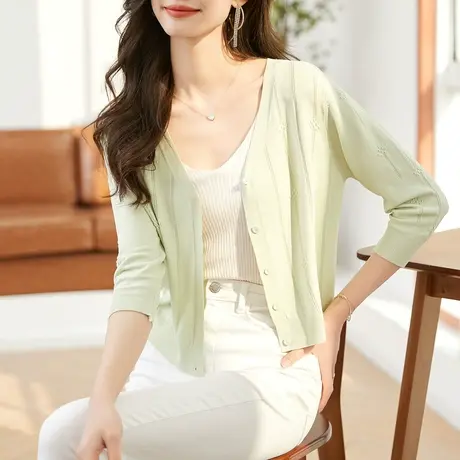 时尚气质冰丝针织开衫2023年夏季新款淑女温柔显瘦通勤V领上衣商品大图