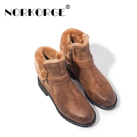 2023新款复古驼色雪地靴女鞋真皮圆头侧拉链羊羔毛粗跟中跟短靴女商品大图