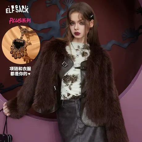 妖精的口袋美式复古短款棉服女2023冬季新款拼接仿毛绒小个子棉衣图片