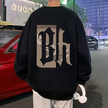 圆领卫衣男秋冬季加绒加厚宽松套头内搭运动潮流字母印花长袖外套图片