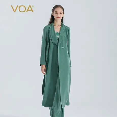 VOA云杉绿30姆米重磅砂洗桑蚕丝不对称翻领长袖绑带真丝风衣外套图片