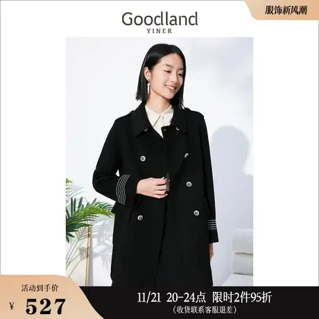 Goodland美地女装冬季双排扣翻领绵羊毛呢子大衣中长款外套商品大图