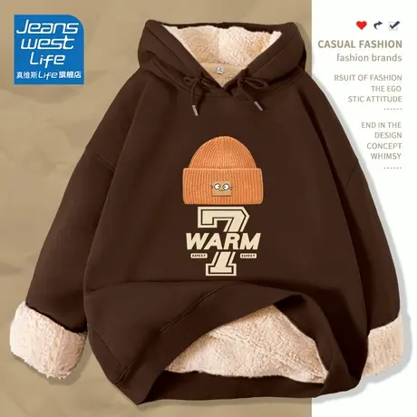 真维斯LIFE连帽卫衣女秋冬款2023新款加绒加厚羊羔绒外套oversize商品大图