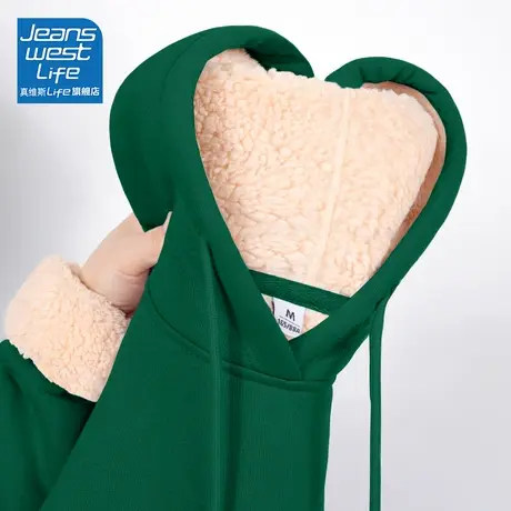 真维斯LIFE墨绿色加绒卫衣女2023新款爆款羊羔绒加厚外套女秋冬款商品大图