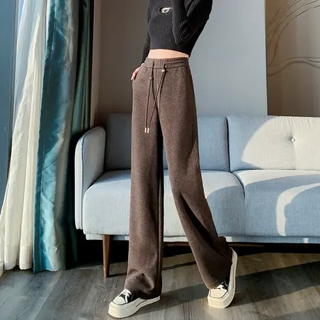 咖色毛呢西装阔腿裤女冬季新款高腰显瘦加厚抽绳松紧腰直筒拖地裤商品大图