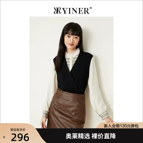 音儿美地女装2022秋季新款假两件拼接上衣木耳花边针织衫商品大图