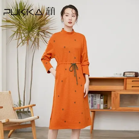 蒲PUKKA 女士羊毛连衣裙桔红立领系带修身款长袖中长款女裙图片