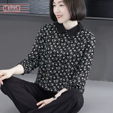 2024新款春装韩版简约翻领套头碎花长袖雪纺衫女装外穿大码上衣服商品大图