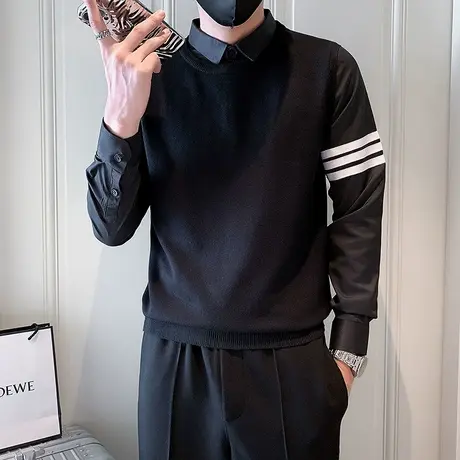 秋冬假两件衬衫领毛衣男潮流三道杠个性套头发型师针织上衣打底衫商品大图